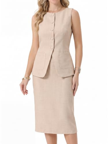 Allegra K Conjunto de falda de lino de 2 piezas para mujer, sin mangas, cuello barco, con botones, blazer y falda lápiz, trajes de negocios
