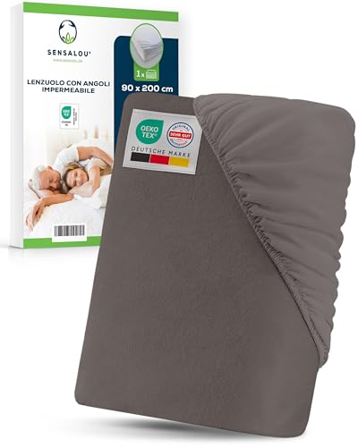 Sensalou Lenzuolo Con Angoli Impermeabile 90 x 200 cm Grigio– Coprimaterasso con Superficie in Spugna Morbida per Letto Singolo e Adulto – Protezione Traspirante Silenziosa Oeko-Tex Dermatest