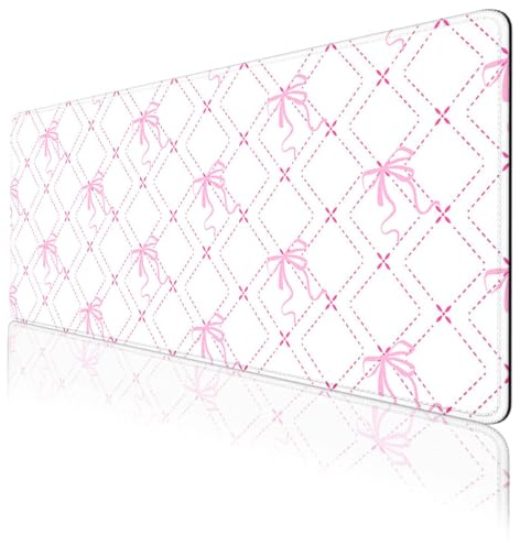 LSXP JR Pink Bow Desk Mat Cute Ribbon Preppy Check Pink Girly Large Gaming Mouse Mat with Stitched Edges,Non-Slip Waterproof Rubber Base Mousepad