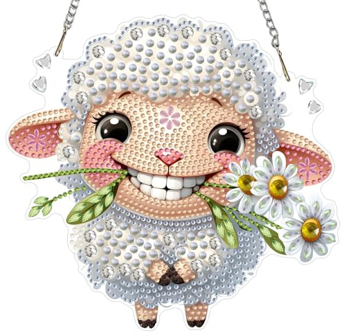 MXJSUA Sheep Diamond Art Window Suncatchers, Diamond Painting Art Kits for Adults Hanging Ornaments with Chain, 5D Special Shape Crystal Diamond Pendant Accessories for Decor Gift 20x20cm