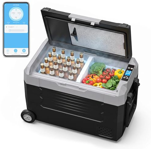 KROAK 45L Kompressor-Kühlbox mit Bluetooth-App, Dual-Zone (-20°C bis +20°C), elektrisch für 12V/24V/230V – mit Rollen, Trennwand & Schneidebrett – ideal für Camping, Auto, LKW, Wohnmobil