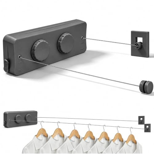 Tendedero retráctil doble, 2 x 5,2 m, tendedero extensible para balcón, capacidad de carga de 20 kg, para balcón, montaje en pared, tendedero de pared, de acero inoxidable, para interior, hotel