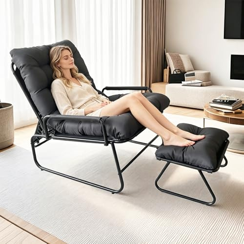 TerraVibe Balkonsessel, Sitzsessel mit Verstellbarer Rückenlehne, loungesessel Garten mit Hocker, Relaxliege Wohnzimmer, Outdoor Lounge Sessel, Relax Sesel für Wohnzimmer, Schlafzimmer, Büro (Grau .)