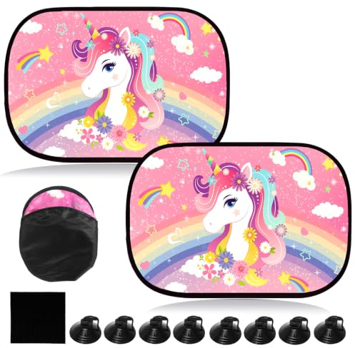 Pwsap Autofenster Sonnenschutz Baby, 2er Einhorn UV Schutz Sonnenschutzfolie Selbsthaftende Sonnenblende, Universal Seitenfenster Sonnenschutz Auto, Niedliche Cartoon Design für Kinder Haustiere
