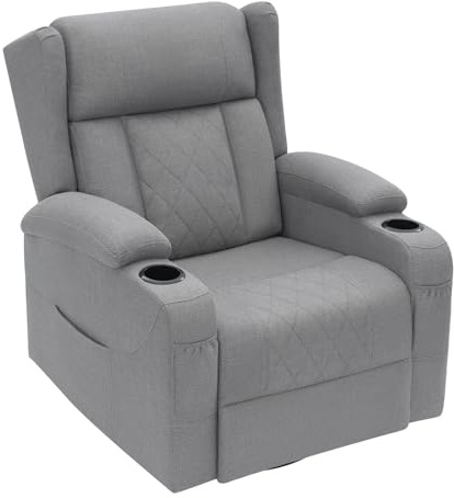 WOLTU Poltrona Relax con Schienale e Poggiapiedi Regolabili, Poltrona Girevole 360° con Funzione Dondolo, Tasche e Portabicchieri, per Soggiorno, Camera da Letto, Portata 150 kg, Effetto Lino, Grigio