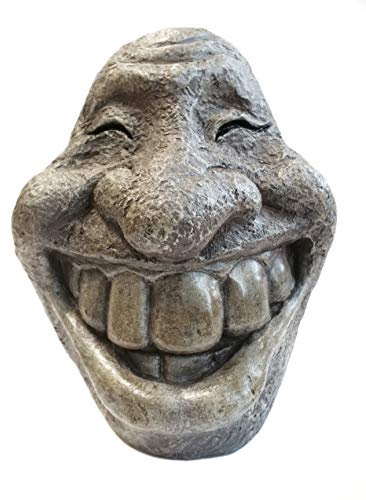 Monsterzeug Steinkopf Smiley, lachende Steinfigur als Garten Deko, bruchfestes Kunstharz, witterungsbeständig, frostsicher, Gesicht Gartenskulptur, Schiefergrau