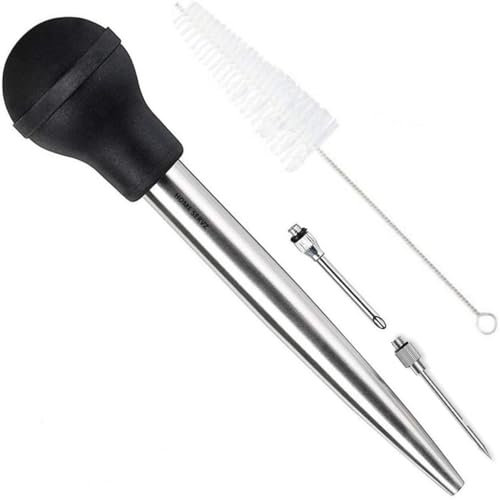 Home Servz 304 Stainless Steel Turkey Baster Syringe Injector Needle With Cleaning Brush- black Rubber Bulb