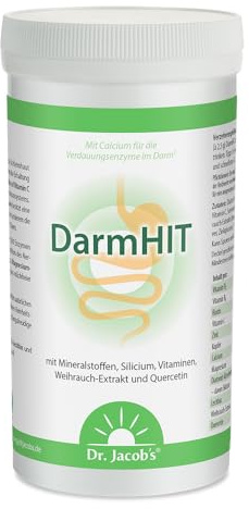 DarmHIT von Dr. Jacob‘s I Nahrungsergänzung für eine normale Verdauung* | Mit Kieselerde, Weihrauch, Quercetin und Ingwer I Geeignet bei Histamin-Intoleranz (HIT) I 210 g Pulver, 84 Portionen I vegan