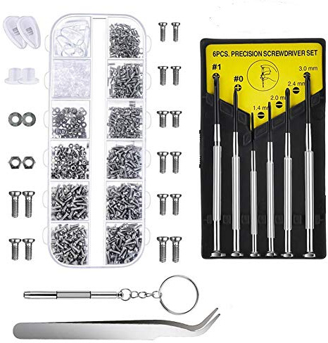 Reparationssats för glasögon, 1100 st multifunktions reparationsskruvar set med näsdynor mutter bricka skruvmejsel pincett glasögonduk för glasögon, ögonglas, solglasögon glasögon och klockreparation
