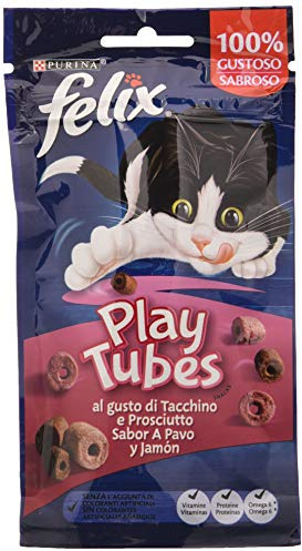 FELIX Play Tubes Snack per Gatti Adulti con Tacchino e Prosciutto 8 Confezioni da 50g