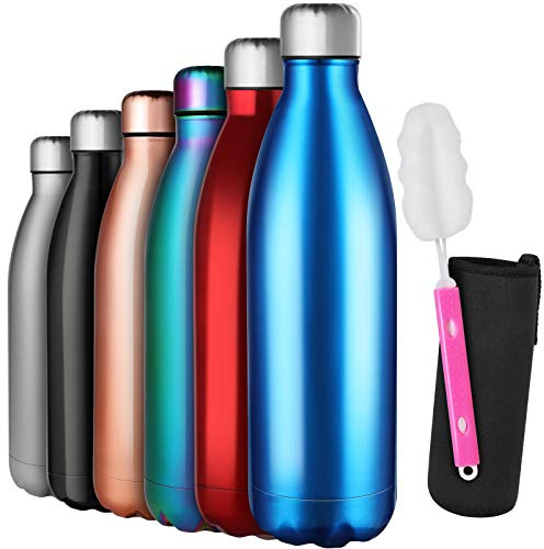 GeeRic Trinkflasche Edelstahl 500ml/750ml/1L Trinkflasche kinder Doppelwandige Edelstahl Trinkflasche Auslaufsicher BPA-frei rostfrei Isolierflasche und Hält kalte Mit Tassenbürste, Tassenschutz