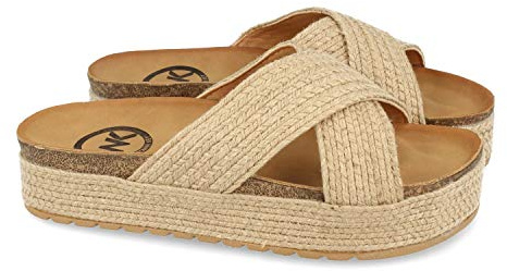 shoes&blues.es Sandalia Plana para Mujer, Forrada de Yute, Planta Anatomica, Palas Cruzadas, Talon Abierto, y Piso de Eva Primavera Verano 2021