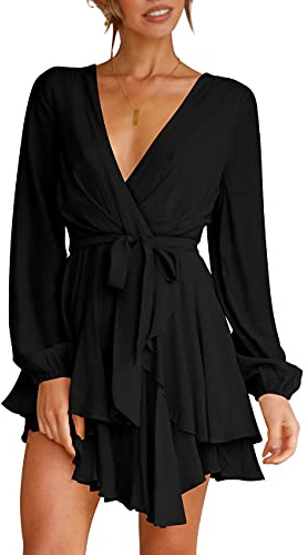 Womens Skater Dress Deep V-Neck Lantern Sleeve Tie Waist Ruffle Mini Dress Black L