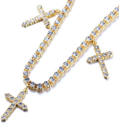 HALUKAKAH Chaîne de Tennis Plaquée Or Réel 18k de 5mm avec 0,5ctw de Diamants Sertis à la Main pour Hommes et Femmes - Ornée de 3 Croix Religieuses - Livrée avec Boîte Cadeau