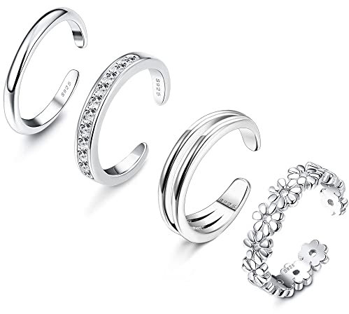 LOLIAS 4 Stücke 925 Sterling Silber Zehenringe Set Fingerring Gelenkring für Damen Mädchen Hypoallergen CZ Verstellbare Offene Zehenringe Strand Fußring Schmuck