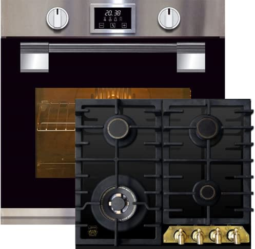 Kaiser Küchengeräte Backofen-Set EH 6337+KCG 6335 Em Turbo, Elektro Einbau Backofen, 79L, 11 Funktionen+Einbau Gas- Kochfeld 60 cm, Schwarz Glas Retro, Propan/Erdgas/Fl.Gas