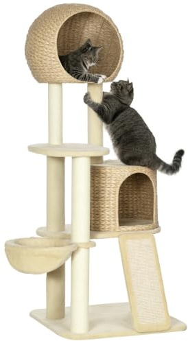 PawHut Kratzbaum 150cm Hoch Mehrstöckiger Katzenbaum Plattform Beige | Höhle, Hängematte, Kratzsäulen, Kratzbrett, Katzenkratzbaum mit Rampe, Kippschutz, Katzenmöbel für Katzen bis 5 kg