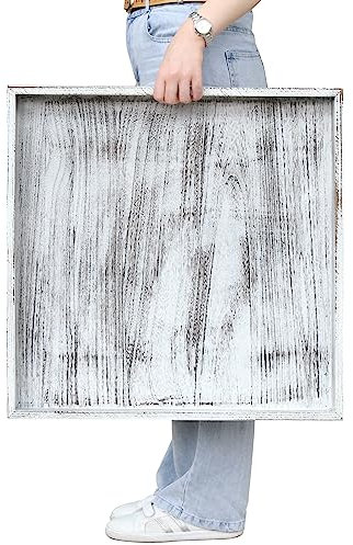 Gurfuy Extra Large Square Ottoman Table Tray 24 inch - Rustic Wooden Serving Tray for Farmhouse Decorative Oversized Coffee Table Trays Living Room Kitchen Counter Breakfast Whitewash