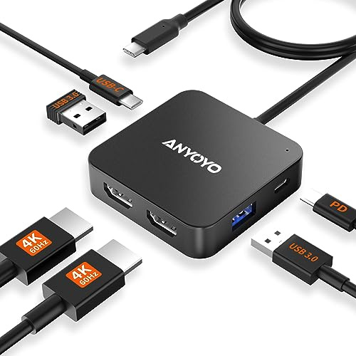 Anyoyo Station d'accueil USB C Double HDMI 4K 60Hz, Hub avec Câble Long 60cm pour Bureau, Dock 6-en-1 PD 100W, 2 USB 3.0, Adaptateur Multiport Type C pour MacBook Air/Pro M1 M2 M3, Dell, HP