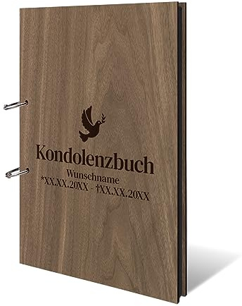 Personalisiertes Kondolenzbuch Todesfall echtes Holz DIN A4 Fotoalbum mit Lasergravur - Friedenstaube - mit 25 Blatt / 50 Seiten Fotokarton Schwarz