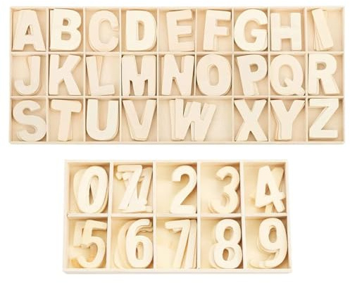 180 Stück Großbuchstaben und Zahlen aus Naturholz, Buchstabenset für Bastelarbeiten und Partydekoration, Holzfarbe