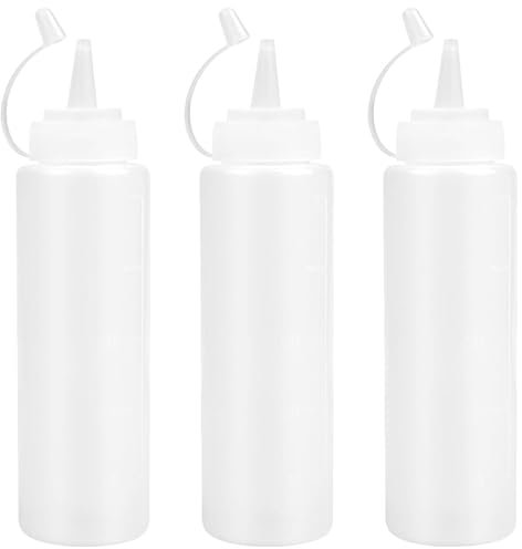 LIDOUK 500ML Bottles with Caps, 3 Pack Squeezy Sauce Bottles, Plastic Squeeze Dispensers with Measurements for Ketchup, BBQ, Sauces, Syrup, Dressings