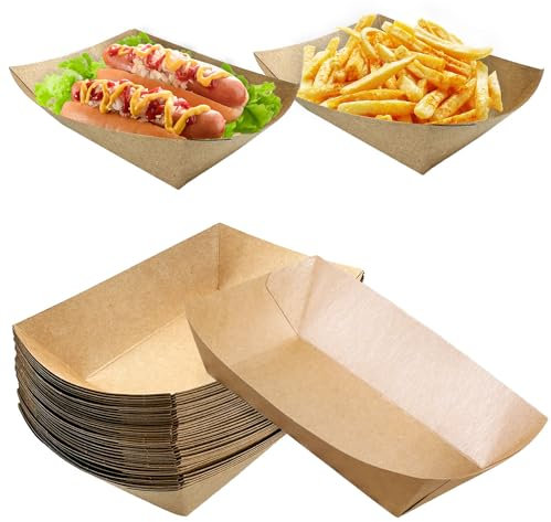 Lovesmile Barquette Frite, 50 Pièces Plateau Carton Kraft, Biodégradable, Imperméable et Résistant à l'Huile - Pour Chips, Saucisses, Salades, Sandwichs