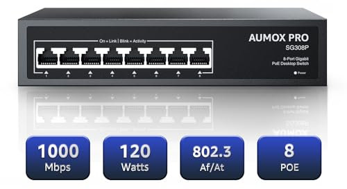 AUMOX PRO 8 Port PoE Switch Gigabit 120W, Gigabit Unmanaged Ethernet Switch, Plug & Play, 802.3af/at Compliant, Metal Housing, 8-Port Network Switch for Home/Office Energy Efficient Silent Operation