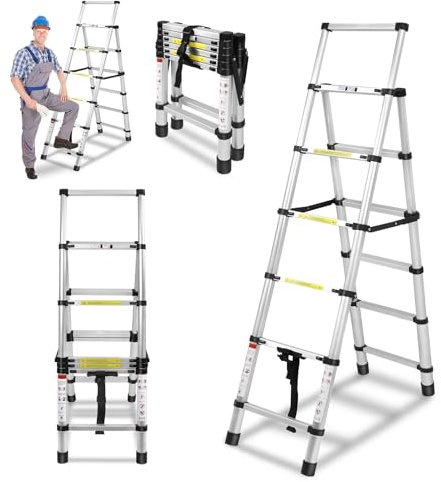 LZQ Échelle télescopique 1,7 m + 2 m - En aluminium - Pliable - Cadre en A - 6 + 7 marches - Multifonction - Escabeau extensible - Antidérapant - Pour l'escalade - Capacité de charge : 150 kg