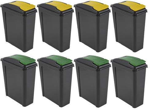 (Set of 8) 25L Litre Recycling Bin Heavy Duty Plastic Slimline Bin With Lid Tall Recycling Waste Rubbish Dust Bin for Kitchen Bathroom Pets Food Storage MADE IN UK (4 x Yellow and 4 x Green)