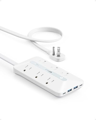 Anker Power Strip with 300J Surge Protector, Flat Plug Extension Cord with Multiple Outlets, 6 AC, 2 USB A & 2 USB C Ports for 20W, 10ft Outlet Extender, Dorm Room Essentials, Home Office