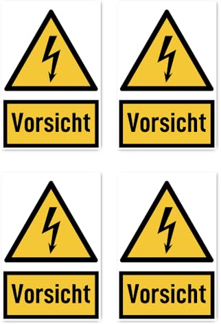Aufkleber: 150x100 mm, 4 Stück - Signalwort Vorsicht vor elektrischer Spannung - Warnzeichen mit Text (deutsch) (gelb/schwarz) - hochkant - W012 - DIN EN ISO 7010 / ASR A1.3