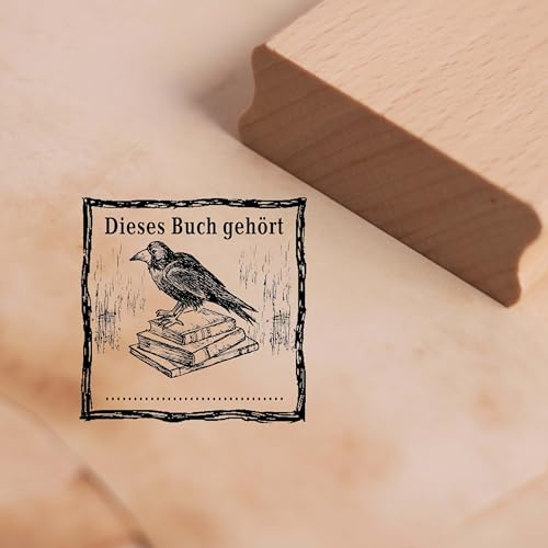 Motivstämpel Denna bok hör – Rabe, bokstag, stämpel, Exlibris, Ex Libris, bokstämpel, trästämpel 48 x 48 mm