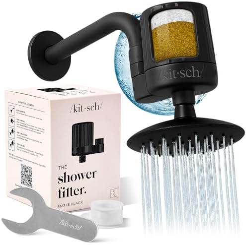 Kitsch Shower Head Filter for Hard Water - Water Softerner for Shower, Hardwater Filter for Showerhead, Improves Hair,Nails & Skin, Removes Chlorine, Heavy Metals & Other Harmful Substances - Black