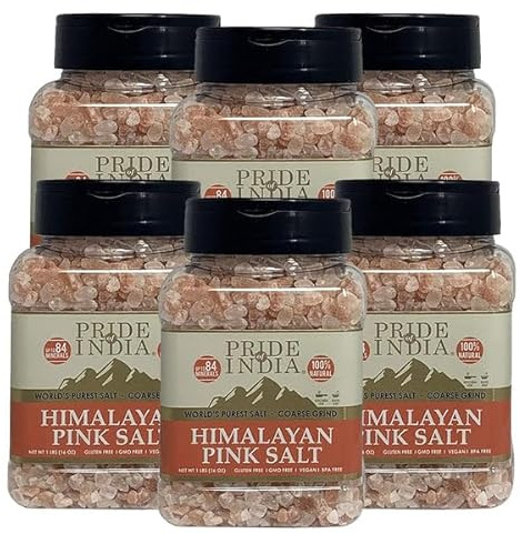 Pride Of India - PACK of 6 - Dark Himalayan Pink Salt Crystals w/ 84+ Natural Minerals, Coarse 4-5mm - 1 Pound (16 oz) Dual Sifter Jar - Use in Cooking and in Grinders - Superb Value-Authentic Flavor
