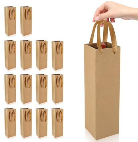 UQTUKO Kraftpapier Wein Geschenktüten, 15 Stück Flaschentüten Geschenktüte mit Griff Kraft-Wein-Organizer Weinflaschen Tüten Weintaschen für Champagner Bier Weihnachten Hochzeit Party, Braun