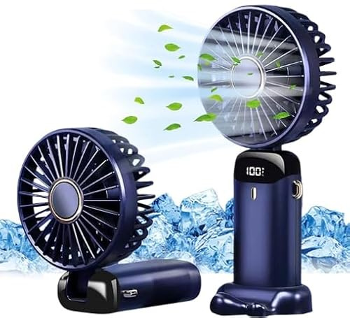 Hand Held Fan,Portable Handheld USB Rechargeable Fans with 5 Speeds,Battery Operated Mini Fan Foldable Desk Desktop Fans with LED Display for Home Office Bedroom Outdoor Travel (Blue)