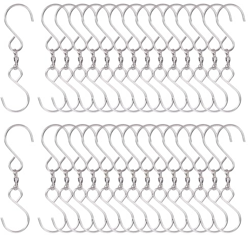 SOFPLATE 1 Box Mit 30 Stück Doppelwirbelhaken Drehbarer Hängeclip 360 Grad Drehbar Edelstahl Silbernes Prisma Windsack Spinner Halter Clips Zum Aufhängen von Pflanzen Windspiele Für Drinnen Und Drauße