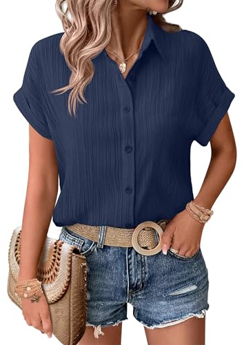 Zeagoo Women's Short Sleeve Shirt Casual Button Down Shirts Summer Tshirt Tops V Neck Blouses Loose Collared Oversize Tee Comfy Blue-L
