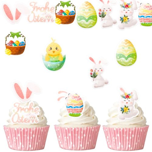 Gleevio Oster Tortendeko Essbar,48 Stück Kuchen Deko Ostern Essbare,Frohe Ostern Tortendeko,Esspapier Hase Cupcake Topper,Osterei Muffins Deko Essbar,Hase Cupcake Deko Frühling Babyparty