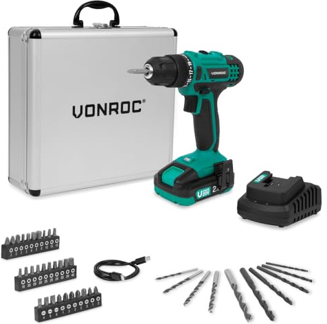 VONROC sladdlös borrmaskin, 20 V, 19 inställningar borrläge, batteri 2,0 Ah, laddare och 46 tillbehör i premiumfodral
