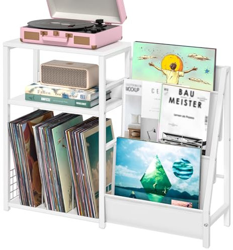 LELELINKY Plattenspieler Ständer,Weißer Verstellbarer Gitarrenständer für Akustik,Bass,E-Gitarre,Vinyl Schallplatten Regal,der bis zu 150 Alben Aufbewahren Kann,Wohnzimmer,Schlafzimmer,Wohnen