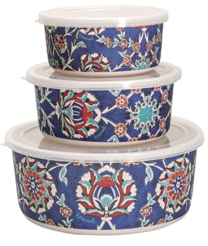 EMANUEL Set of 3 Melamine Food Storage Containers - Reusable Storage Lunch Boxes Plastic Lid - Unique Printed Designs (Armenian Tiles BMB-21F)