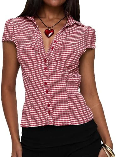 YILEEGOO Chemise basique boutonnée à manches courtes et col à revers pour femme - Chemisier serré à nouer dans le dos - Coupe ajustée - Chemise d'été de bureau, Rouge à carreaux, M