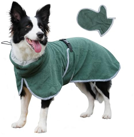 JoyDaog Hunde-Bademantel mit Badehandschuh für schnell trocknende Mäntel, Hundemäntel mit verstellbaren Hüftgurten für mittelgroße Hunde, leicht absorbierende Handtücher, Grün, Größe L
