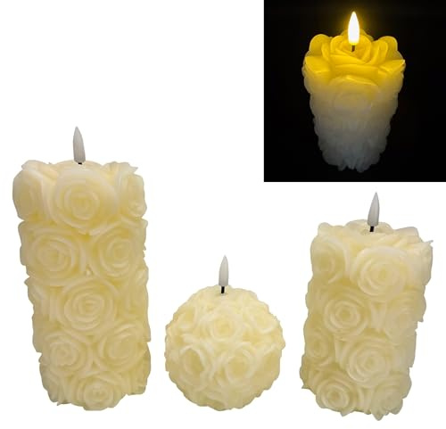3 LED Kerzen im Set aus Echtwachs mit 6-Stunden Timerfunktion und filigranen Rosenblüten in 3D-Optik - Creme und Altrosa (Creme)