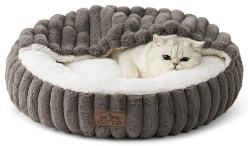 COZY KISS Lit pour Chat et Petit Chien avec Couverture 58x58x15cm - Panier Lavable d'Intérieur, Coussin-Canapé Rond Antidérapant, Douillet et Apaisant avec Repose-Tête en Fausse Fourrure, Gris