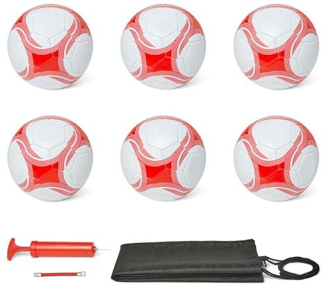 Amazon Basics Balón de Fútbol con Bomba - Balón de Entrenamiento, Construcción Duradera de PVC, Cámara de Butilo, Uso Interior y Exterior, Balón de Práctica Cosido a Máquina, Blanco y Rojo