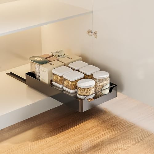 Ausziehbarer Schrank-Organizer, 43,2 cm tief, ausziehbare Schubladen ohne Bohren, selbstklebende Schubladen-Organizer, robustes Vorratsregal für Küche und Badezimmer, schwarz, 20 cm Breite