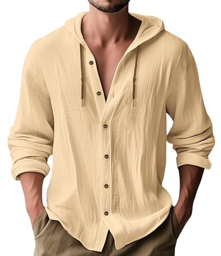 MakingDa Hooded Shirts Men Hoodie Casual Smart Long Sleeve Summer Cotton Plain Lightweight Thin Regular Fit Button Down Beach Shirt Hoody Tops-Khaki-L